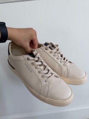 Coach Men's Cream Leather Low-Top Sneakers with Black Heel Tab